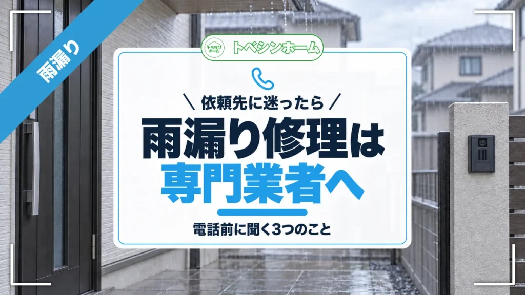 依頼先に迷ったら｜雨漏り修理は専門業者へ｜電話前に聞く3つのこと（トベシンホームのコラム「雨漏り修理どこに頼むか迷ったら専門業者へ！失敗しない電話前の3つ」のアイキャッチ画像）