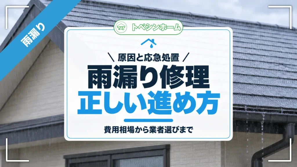 原因と応急処置｜雨漏り修理正しい進め方｜費用相場から業者選びまで（トベシンホームのコラム「【2026年最新】雨漏り修理はどうする？原因・費用・業者選びまで徹底解説」のアイキャッチ画像）
