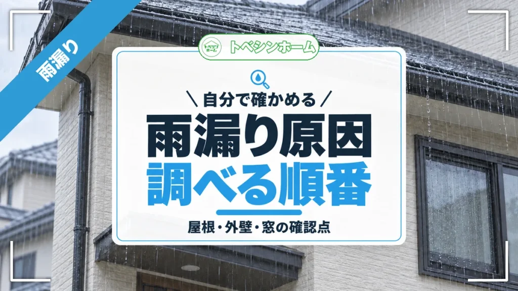 自分で確かめる｜雨漏り原因調べる順番｜屋根・外壁・窓の確認点（トベシンホームのコラム「雨漏り原因が分からないときの調べ方｜屋根・外壁・窓で確かめる順番」のアイキャッチ画像）