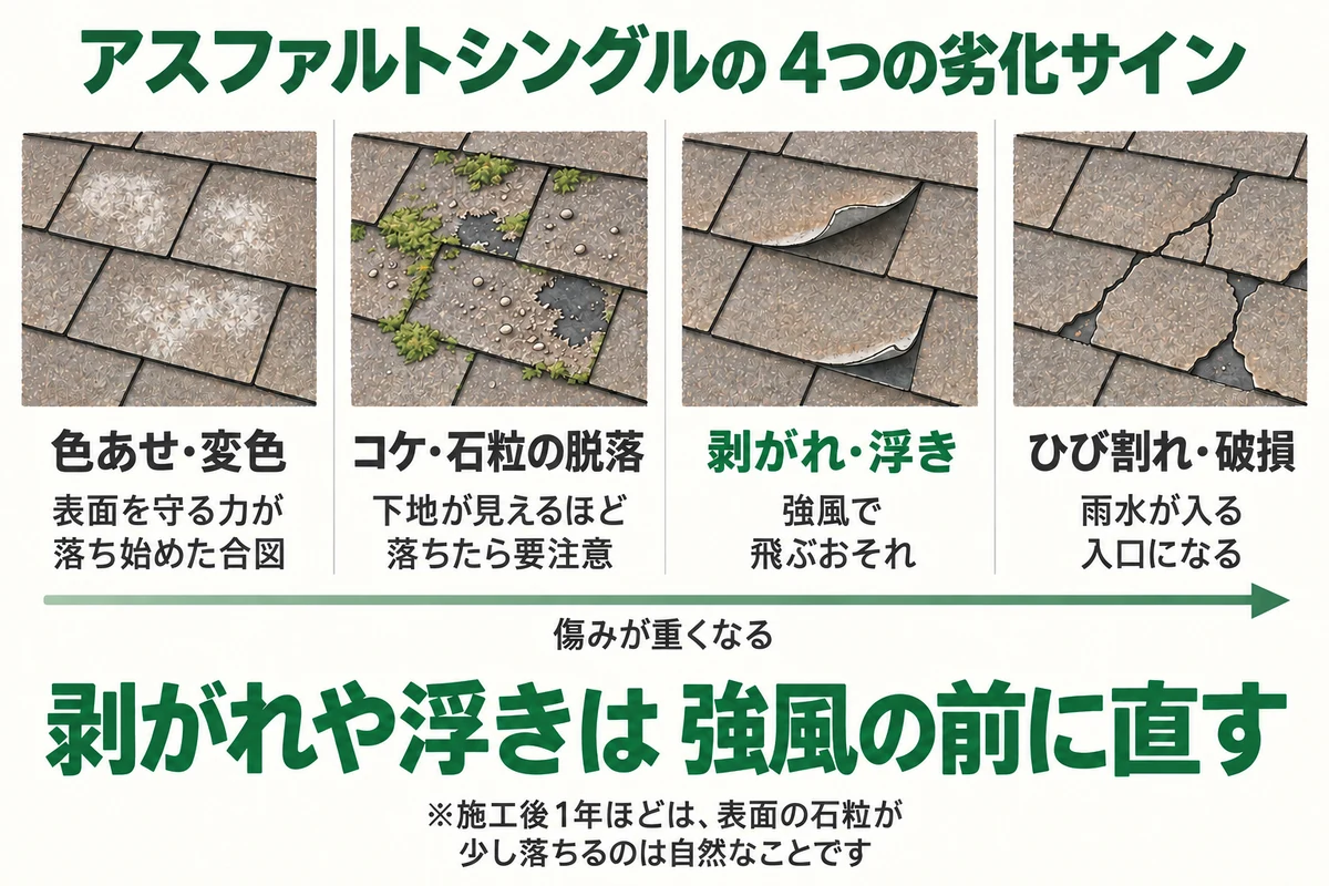 アスファルトシングルの劣化サインを軽い順に並べた図。色あせ・変色、コケや石粒の脱落、剥がれや浮き、ひび割れや破損の4つで、剥がれや浮きは強風で飛ぶおそれがあるため早めに直す