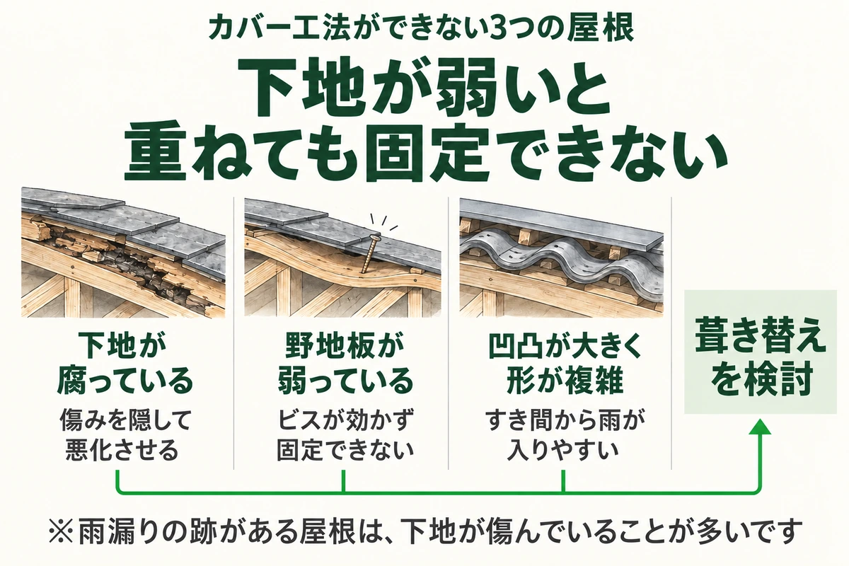 カバー工法ができない3つの屋根を示した図。下地が腐っていると傷みを隠して悪化させ、野地板が弱っているとビスが効かず固定できず、凹凸が大きく形が複雑だとすき間から雨が入りやすい。どれかに当てはまれば葺き替えを検討する