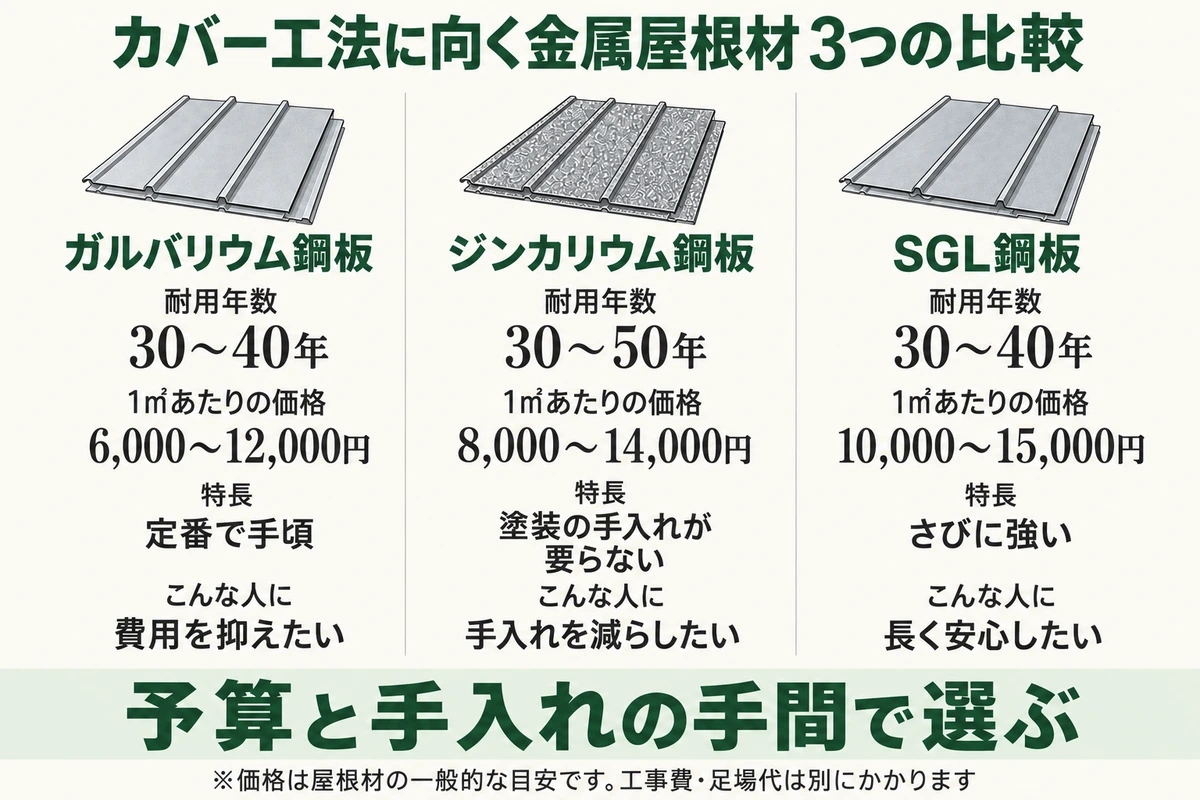 カバー工法に向く金属屋根材3つを比べた図。ガルバリウム鋼板は耐用年数30〜40年・1㎡6,000〜12,000円で定番、ジンカリウム鋼板は30〜50年・8,000〜14,000円で塗装の手入れが要らない、SGL鋼板は30〜40年・10,000〜15,000円でさびに強い