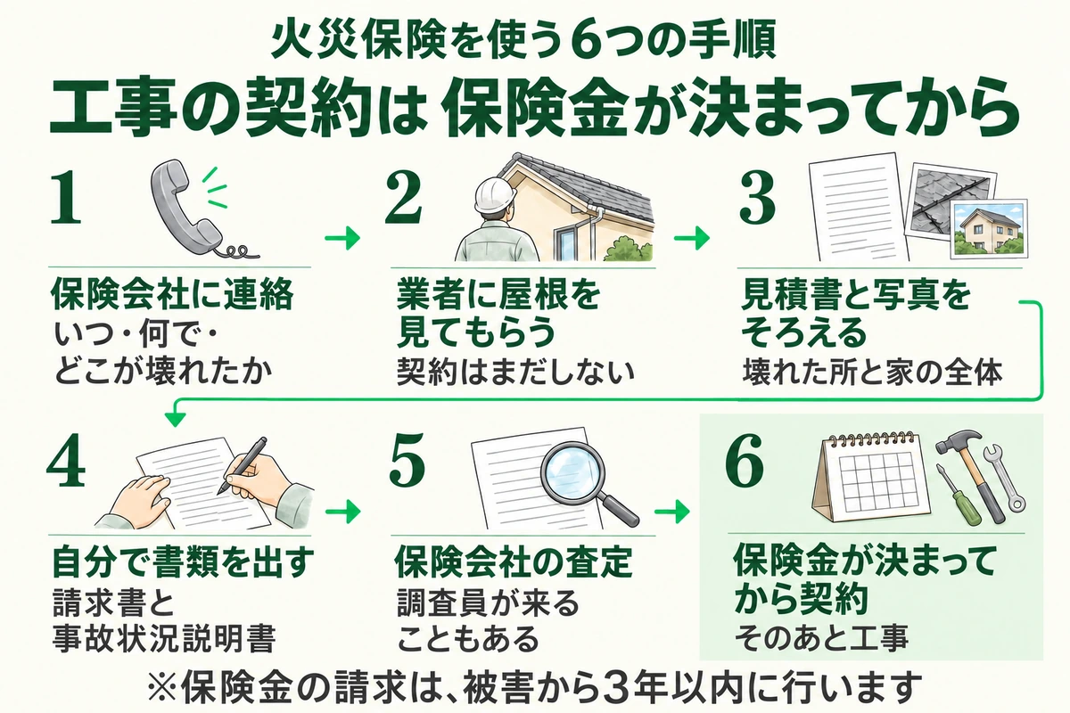 火災保険を使って屋根を直す6つの手順を示した図。保険会社にいつ・何で・どこが壊れたかを連絡し、契約はまだせずに業者に屋根を見てもらい、見積書と壊れた所や家の全体の写真をそろえ、請求書と事故状況説明書を自分で出し、保険会社の査定を受け、保険金が決まってから工事を契約する。請求は被害から3年以内