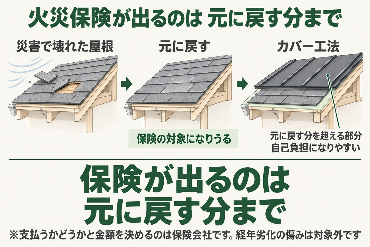 火災保険は災害で壊れた屋根を元の状態に戻す費用が対象になりうるが、今の屋根の上に新しい屋根を重ねるカバー工法では元に戻す分を超える部分が自己負担になりやすいことを屋根の断面で示した図。支払うかどうかと金額は保険会社が決める