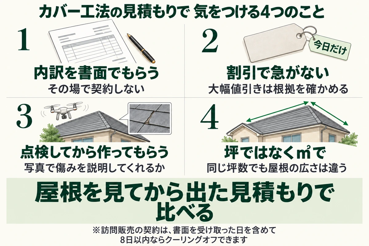 屋根カバー工法の見積もりで気をつける4つのことを示した図。その場で契約せず内訳を書面でもらう、大幅値引きは根拠を確かめて割引で急がない、点検してから写真で傷みを説明して見積もりを作ってもらう、同じ坪数でも屋根の広さは違うので坪ではなく㎡で書いてもらう