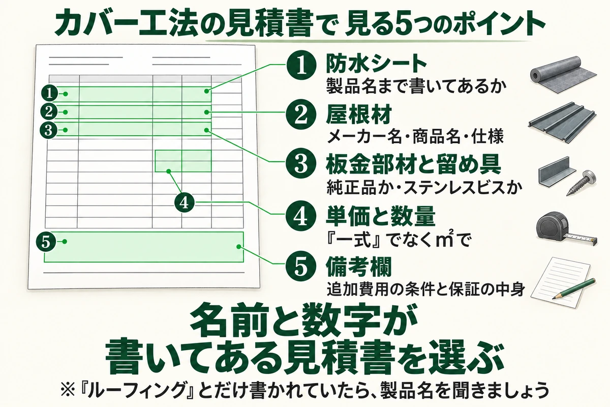 屋根カバー工法の見積書で見る5つのポイントを示した図。防水シートの製品名、屋根材のメーカー名・商品名・仕様、板金部材が純正品か・留め具がステンレスビスか、単価と数量が一式でなく㎡で書かれているか、備考欄の追加費用の条件と保証の中身を確かめる