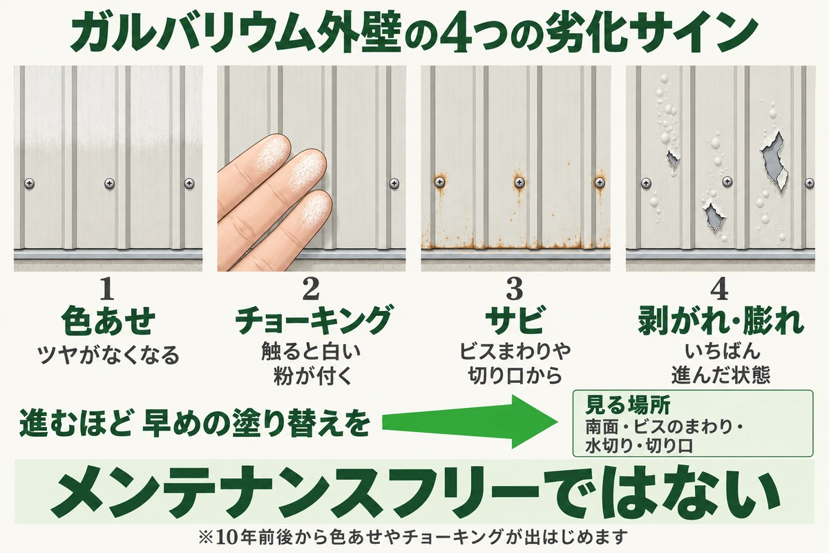 ガルバリウム外壁の4つの劣化サインを進む順に示した図。ツヤがなくなる色あせ、触ると白い粉が付くチョーキング、ビスまわりや切り口からのサビ、いちばん進んだ剥がれ・膨れ。南面・ビスのまわり・水切り・切り口を見る