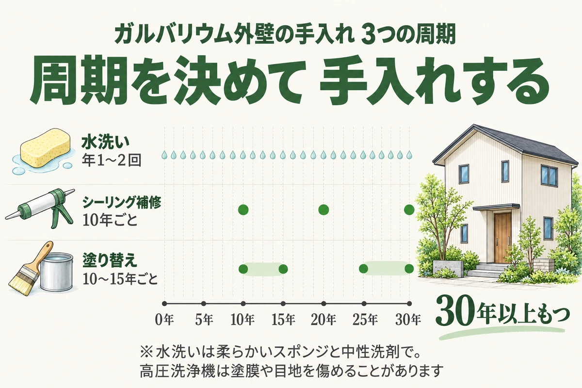 ガルバリウム外壁の手入れの周期を示した図。水洗いは年1〜2回、シーリング補修は10年ごと、塗り替えは10〜15年ごとに行えば30年以上もつ