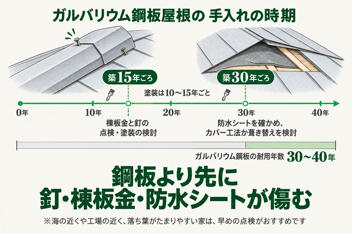 ガルバリウム鋼板屋根の手入れの時期を示した時間軸の図。鋼板の耐用年数は30〜40年だが、築15年ごろに棟板金と釘の点検と塗装の検討、築30年ごろに防水シートを確かめてカバー工法か葺き替えを検討し、塗装は10〜15年ごとが目安