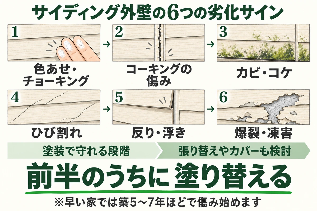 サイディング外壁の6つの劣化サインを進む順に示した図。色あせ・チョーキング、コーキングの傷み、カビ・コケまでは塗装で守れる段階で、ひび割れ、反り・浮き、爆裂・凍害まで進むと張り替えやカバー工事も検討する