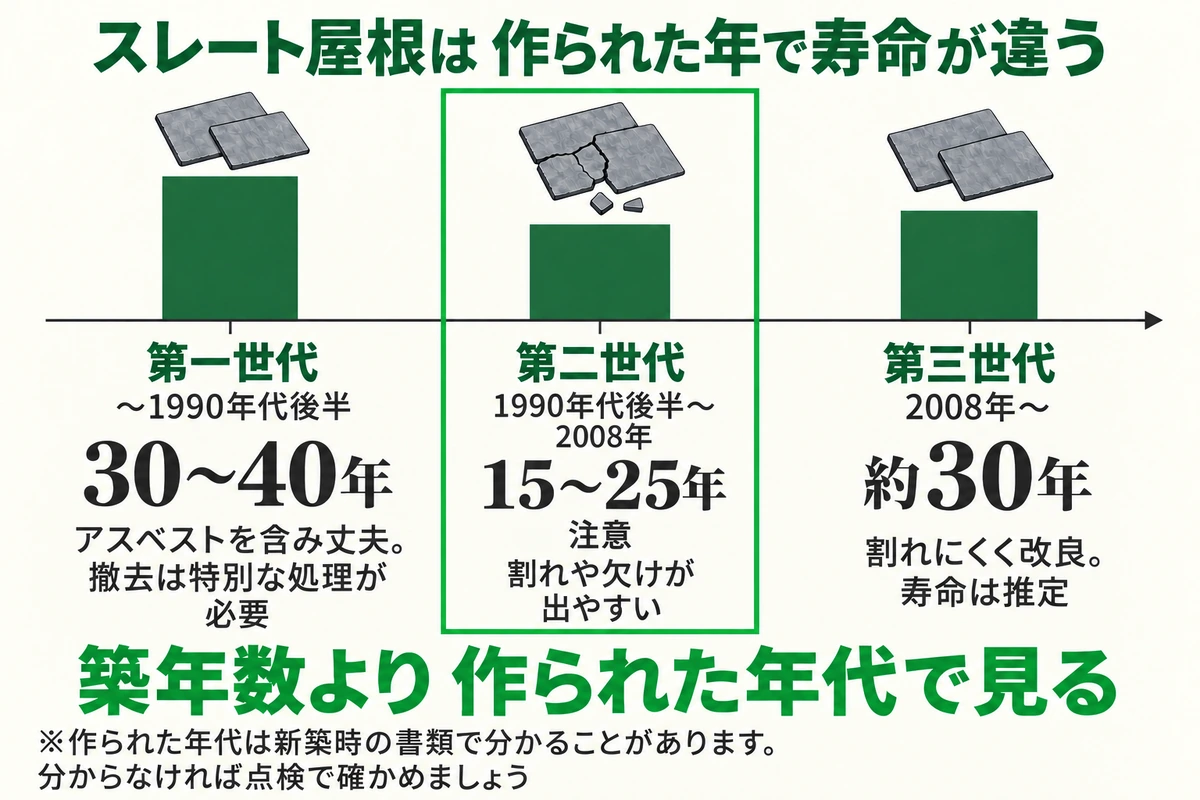 スレート屋根の寿命を作られた年代で比べた図。第一世代(1990年代後半まで)は30〜40年、第二世代(1990年代後半〜2008年)は15〜25年で割れや欠けが出やすく、第三世代(2008年以降)は約30年