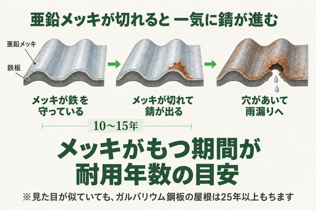 トタン屋根の亜鉛メッキが鉄を守っているが、10〜15年ほどでメッキが切れると錆が出て、放置すると穴があいて雨漏りへ進む3段階を示した図