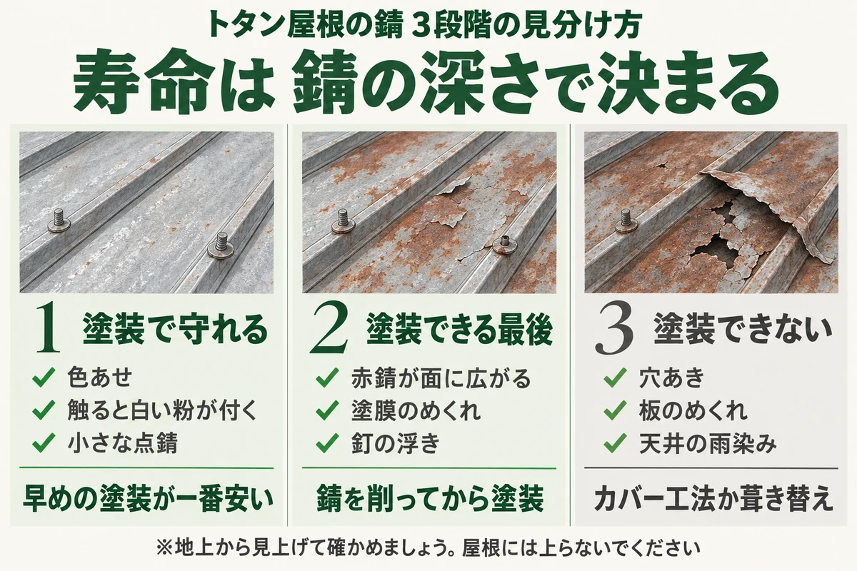 トタン屋根の錆の3段階を示した図。色あせ・白い粉・小さな点錆は塗装で守れる段階、赤錆が面に広がり塗膜のめくれや釘の浮きがあれば錆を削ってから塗装する最後の段階、穴あき・板のめくれ・天井の雨染みは塗装できずカバー工法か葺き替えで直す