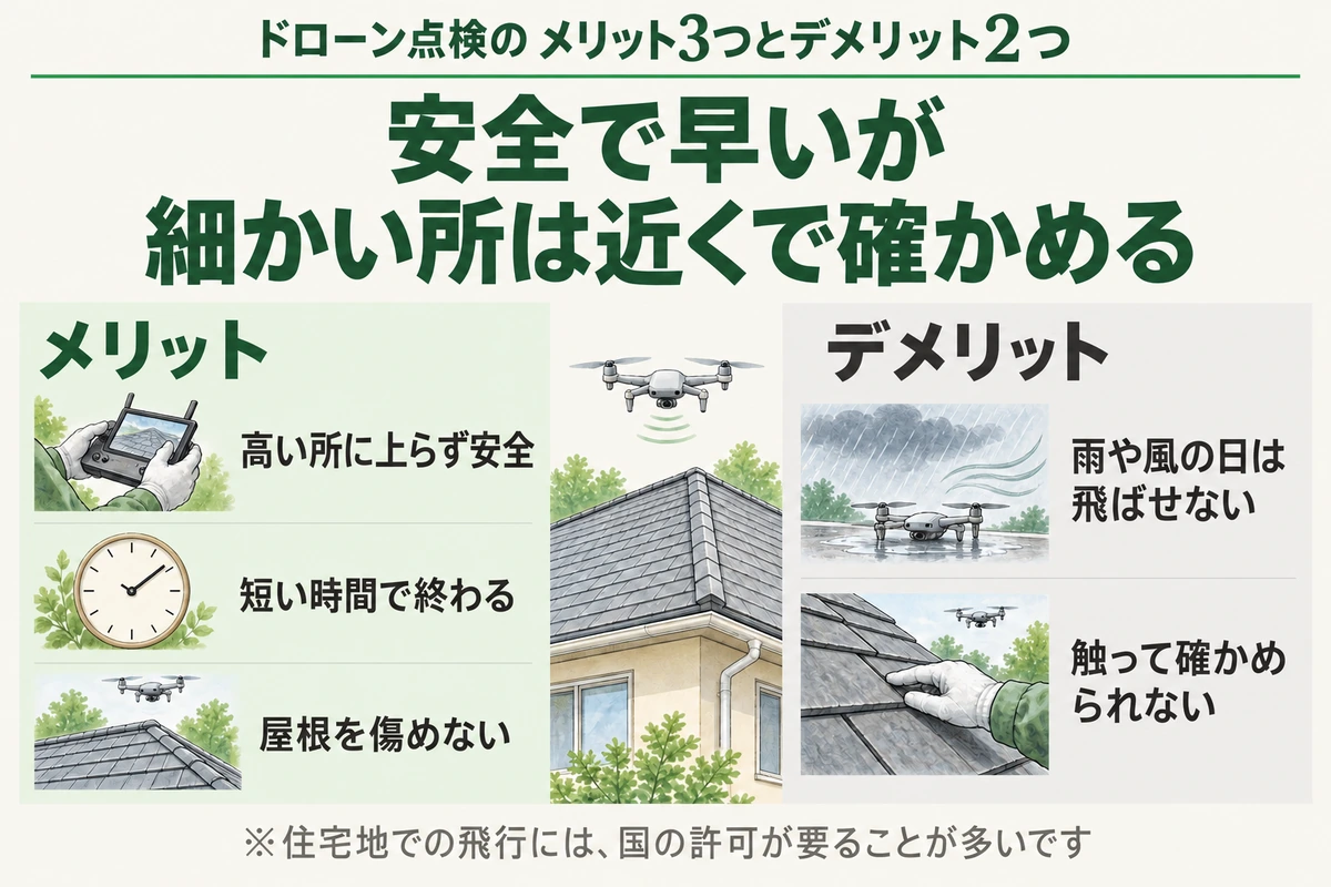 ドローンによる屋根点検のメリット3つとデメリット2つを比べた図。高い所に上らず安全、短い時間で終わる、屋根を傷めないのがメリットで、雨や風の日は飛ばせない、触って確かめられないのがデメリット。安全で早いが細かい所は近くで確かめる