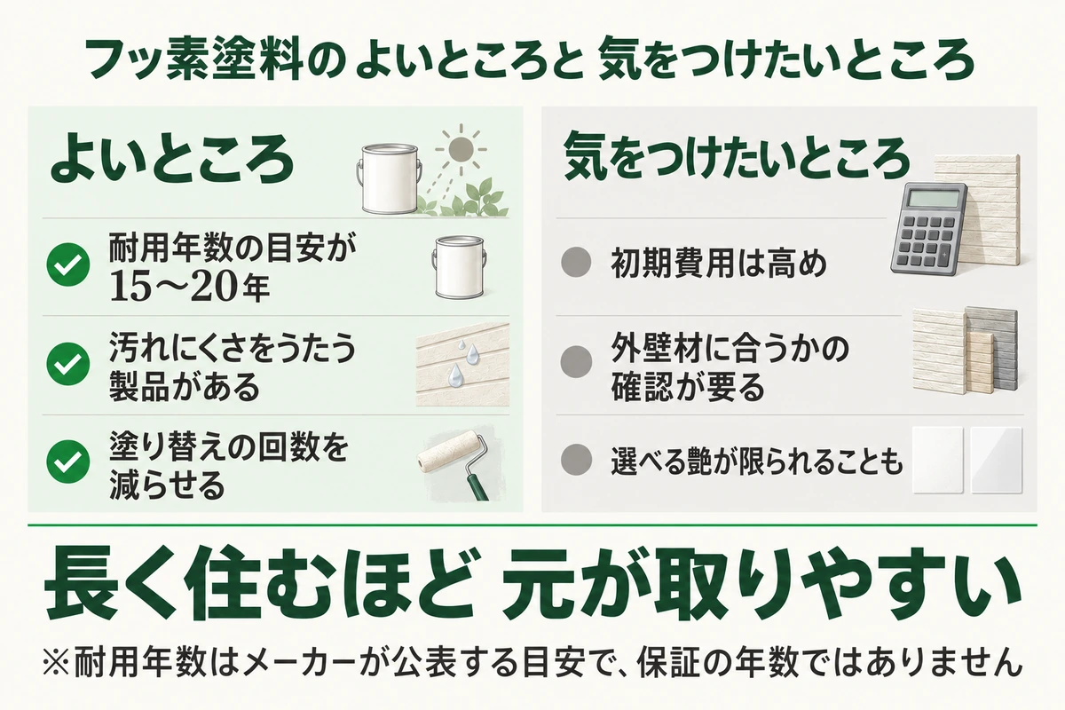 外壁塗装のフッ素塗料のよいところと気をつけたいところを示した図。よいところは耐用年数の目安が15〜20年と長い、汚れにくさをうたう製品がある、塗り替えの回数を減らせる。気をつけたいところは初期費用が高め、外壁材に合うかの確認が要る、選べる艶が限られることもある。長く住むほど元が取りやすい