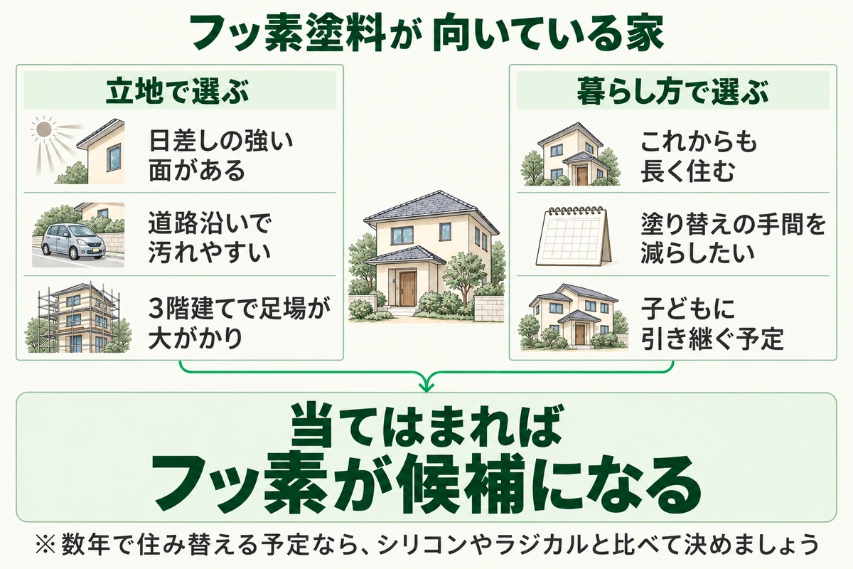 外壁塗装のフッ素塗料が向いている家を示した図。立地では日差しの強い面がある、道路沿いで汚れやすい、3階建てで足場が大がかり。暮らし方ではこれからも長く住む、塗り替えの手間を減らしたい、子どもに引き継ぐ予定。当てはまればフッ素が候補になる