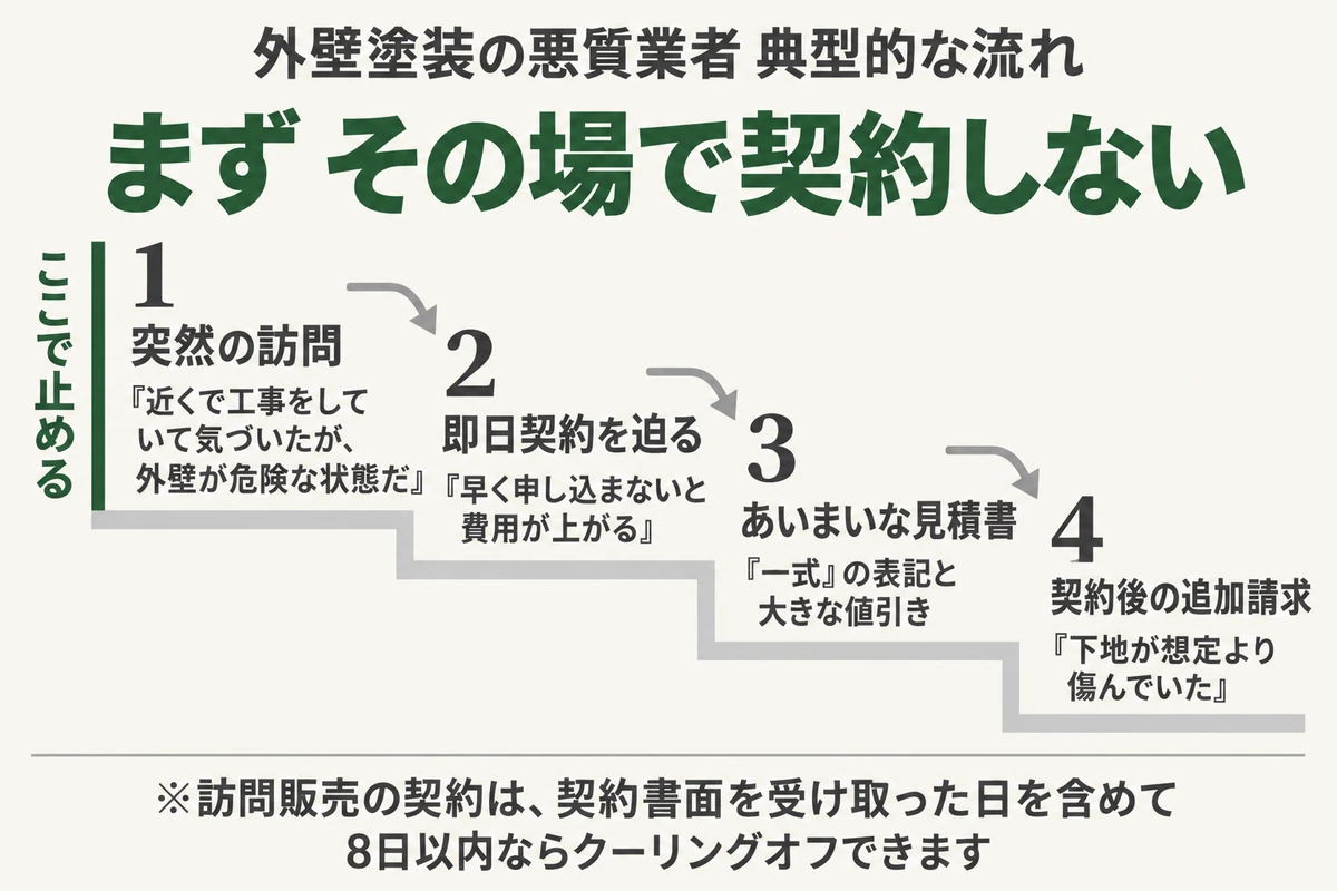 外壁塗装の悪質業者は、突然の訪問、即日契約を迫る、あいまいな見積書、契約後の追加請求という流れで進むため、最初の段階でその場で契約しないことが大切だと示した図