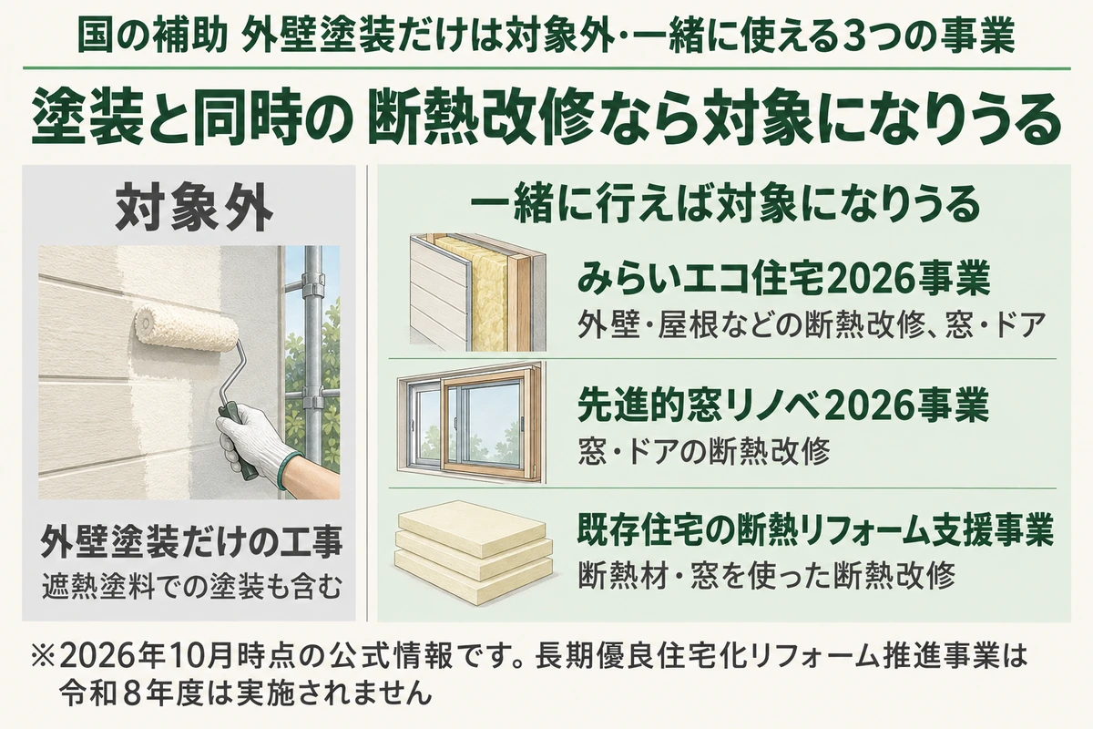国の補助では外壁塗装だけの工事は遮熱塗料での塗装も含めて対象外で、塗装と同時に行う断熱改修なら、外壁・屋根などの断熱改修や窓・ドアのみらいエコ住宅2026事業、窓・ドアの断熱改修の先進的窓リノベ2026事業、断熱材・窓を使った断熱改修の既存住宅の断熱リフォーム支援事業の対象になりうることを示した図（2026年10月時点）