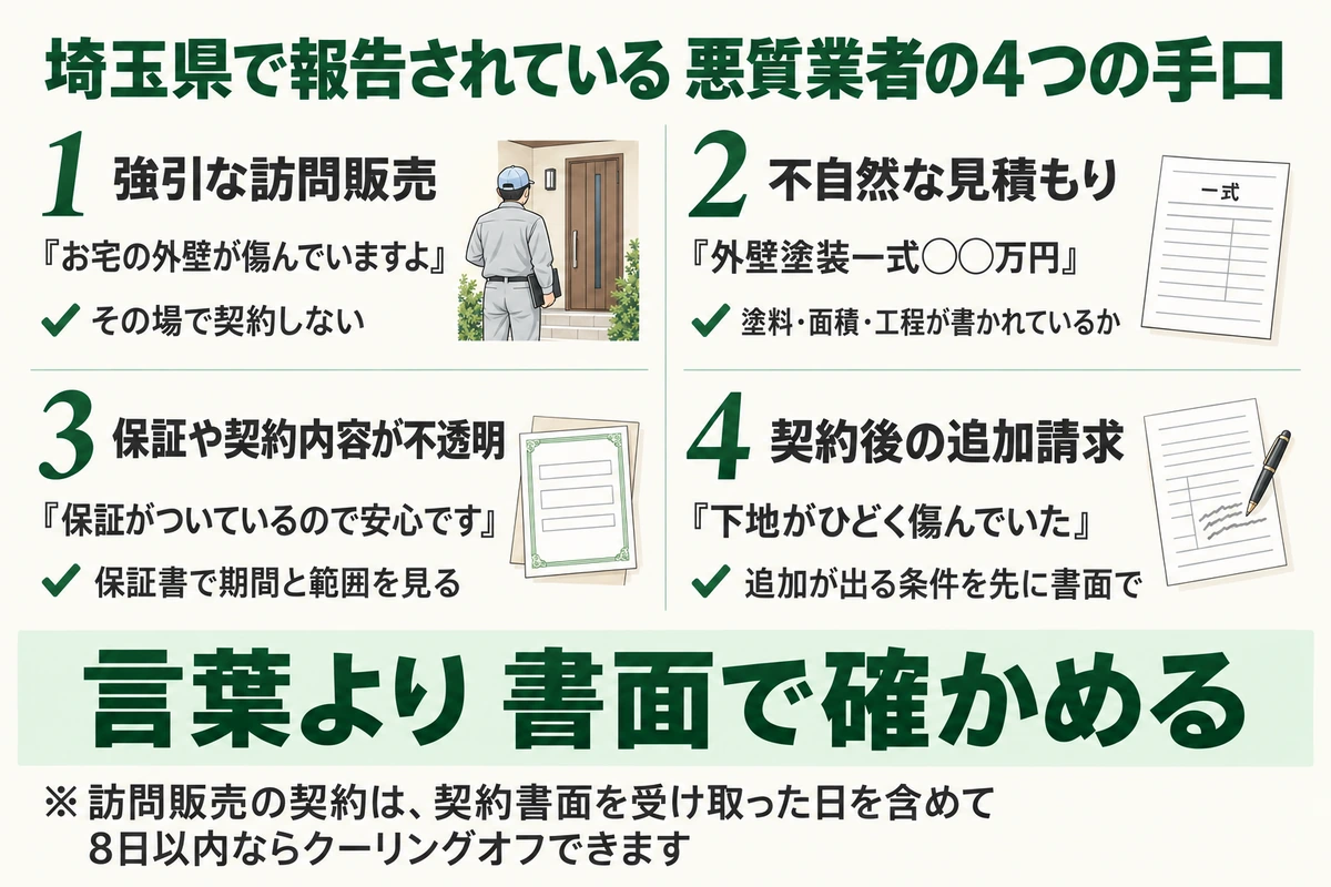 埼玉県で報告されている外壁塗装の悪質業者の4つの手口を示した図。強引な訪問販売、一式表記の不自然な見積もり、保証内容が不透明、契約後の追加請求で、言葉より書面で確かめることが大切