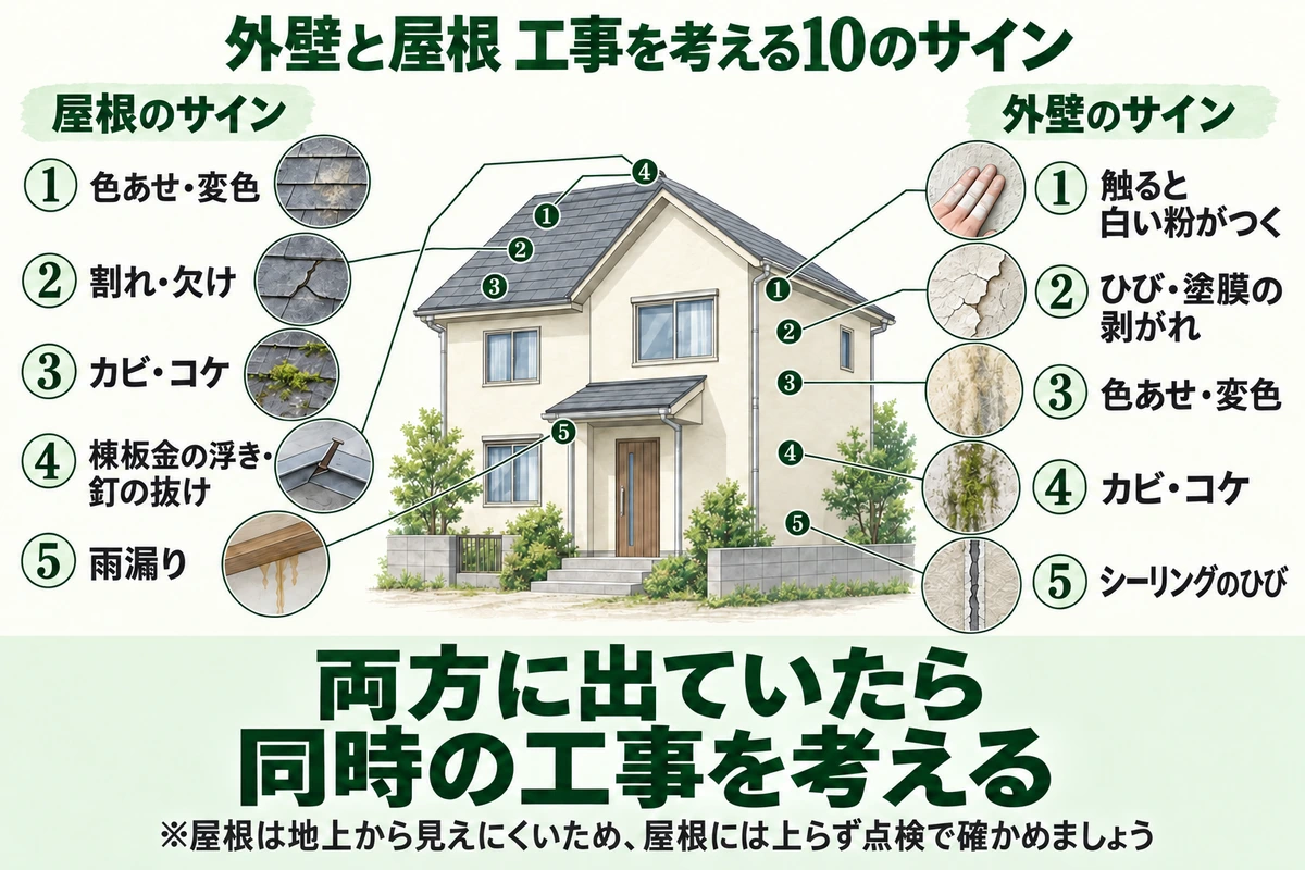 外壁と屋根の工事を考える10のサインを家のイラストで示した図。屋根は色あせ・変色、割れ・欠け、カビ・コケ、棟板金の浮き・釘の抜け、雨漏り。外壁は触ると白い粉がつく、ひび・塗膜の剥がれ、色あせ・変色、カビ・コケ、シーリングのひび。両方に出ていたら同時の工事を考える