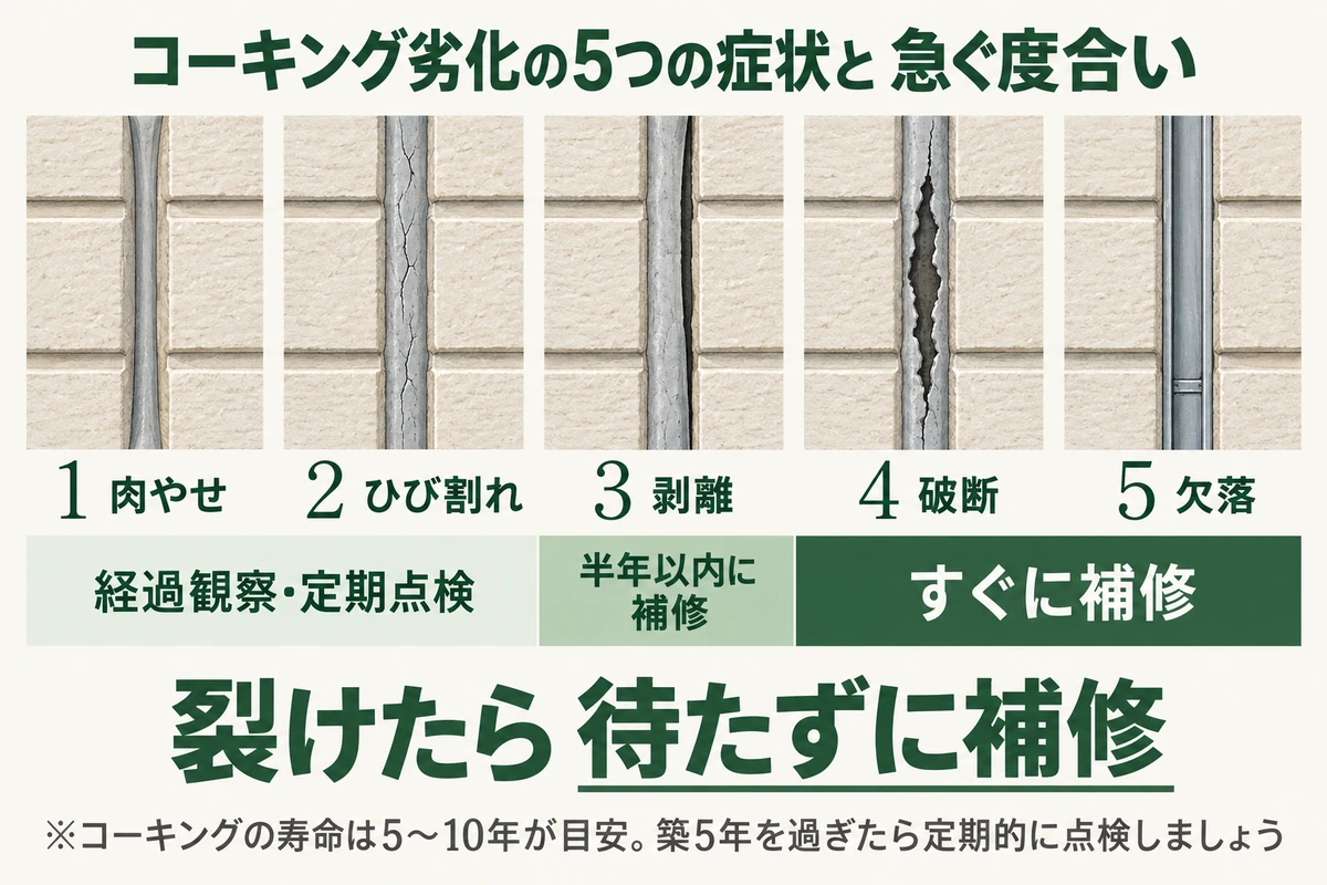 外壁コーキング劣化の5つの症状と急ぐ度合いを示した図。肉やせとひび割れは経過観察と定期点検、剥離は半年以内に補修、破断と欠落はすぐに補修が必要
