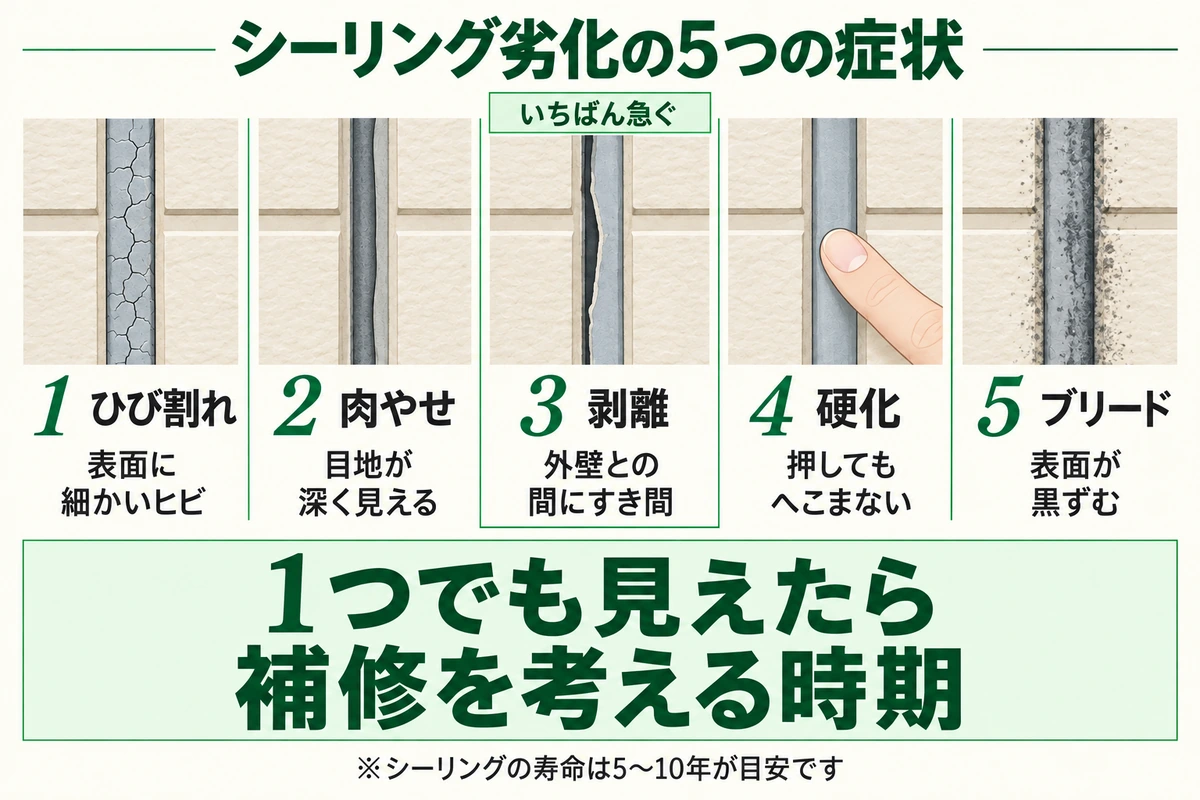 外壁シーリング劣化の5つの症状を示した図。表面に細かいヒビが入るひび割れ、目地が深く見える肉やせ、外壁との間にすき間ができる剥離、押してもへこまない硬化、表面が黒ずむブリード。1つでも見えたら補修を考える時期で、剥離はいちばん急ぐ