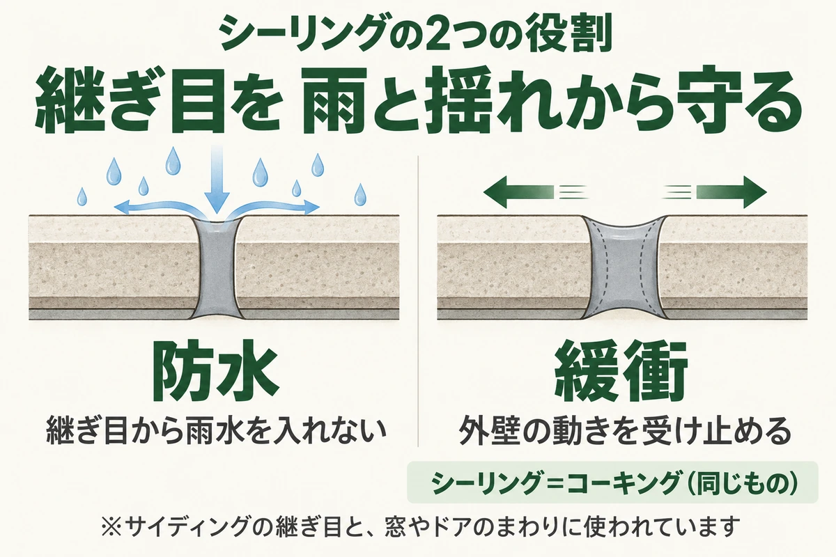 外壁シーリングの2つの役割を示した図。継ぎ目から雨水を入れない防水と、地震や温度変化による外壁の動きを受け止める緩衝の役割で、継ぎ目を雨と揺れから守る。シーリングとコーキングは同じもの