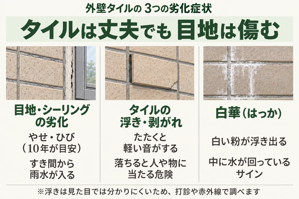 外壁タイルの3つの劣化症状を示した図。10年ほどで目地やシーリングがやせてひびが入りすき間から雨水が入る、タイルが浮いて剥がれると落ちて人や物に当たる危険がある、白華で白い粉が浮き出るのは中に水が回っているサイン。タイルは丈夫でも目地は傷む