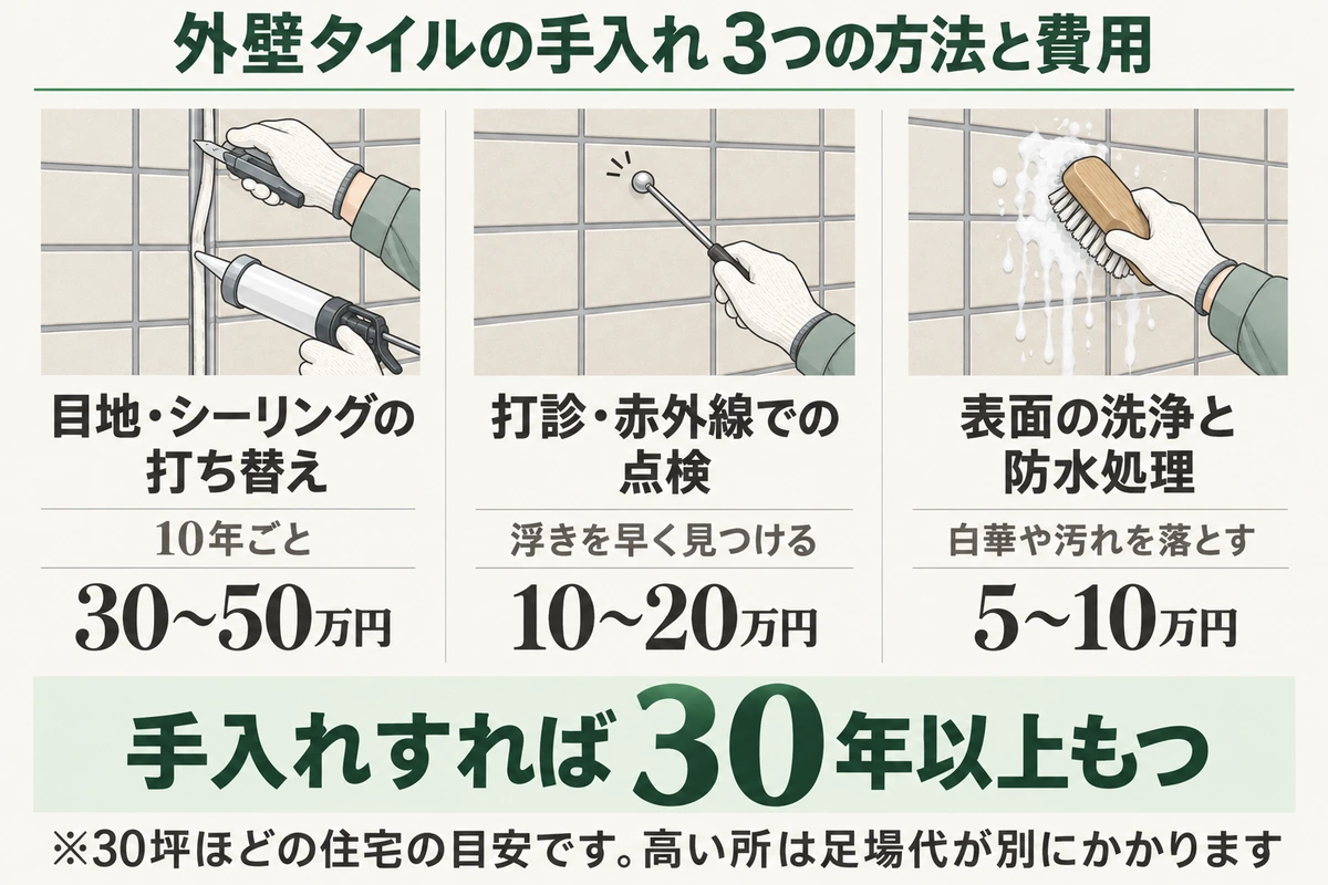 外壁タイルの手入れ3つの方法と費用を示した図。10年ごとの目地・シーリングの打ち替えは30〜50万円、浮きを早く見つける打診・赤外線での点検は10〜20万円、白華や汚れを落とす表面の洗浄と防水処理は5〜10万円(30坪ほどの住宅の目安)。手入れすれば30年以上もつ
