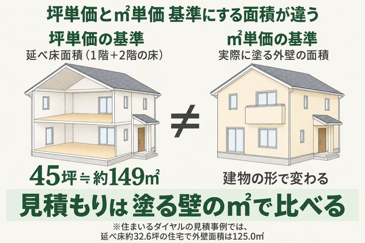 坪単価は1階と2階の床を合わせた延べ床面積が基準で、㎡単価は実際に塗る外壁の面積が基準であることを2つの家の絵で比べた図。45坪は約149㎡だが、塗る外壁の面積は建物の形で変わる