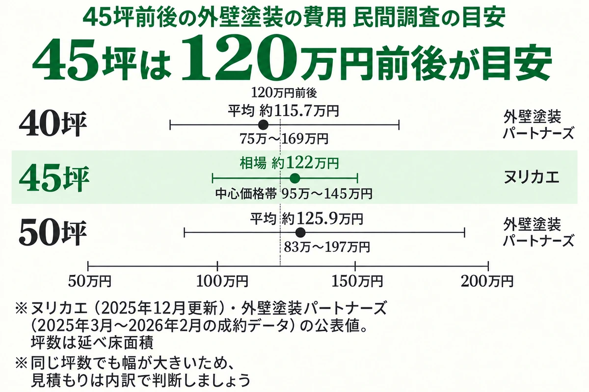 45坪前後の外壁塗装の費用を民間調査で比べた図。ヌリカエの45坪の相場は約122万円で中心価格帯は95万〜145万円、外壁塗装パートナーズの40坪は平均約115.7万円、50坪は平均約125.9万円で、45坪は120万円前後が目安