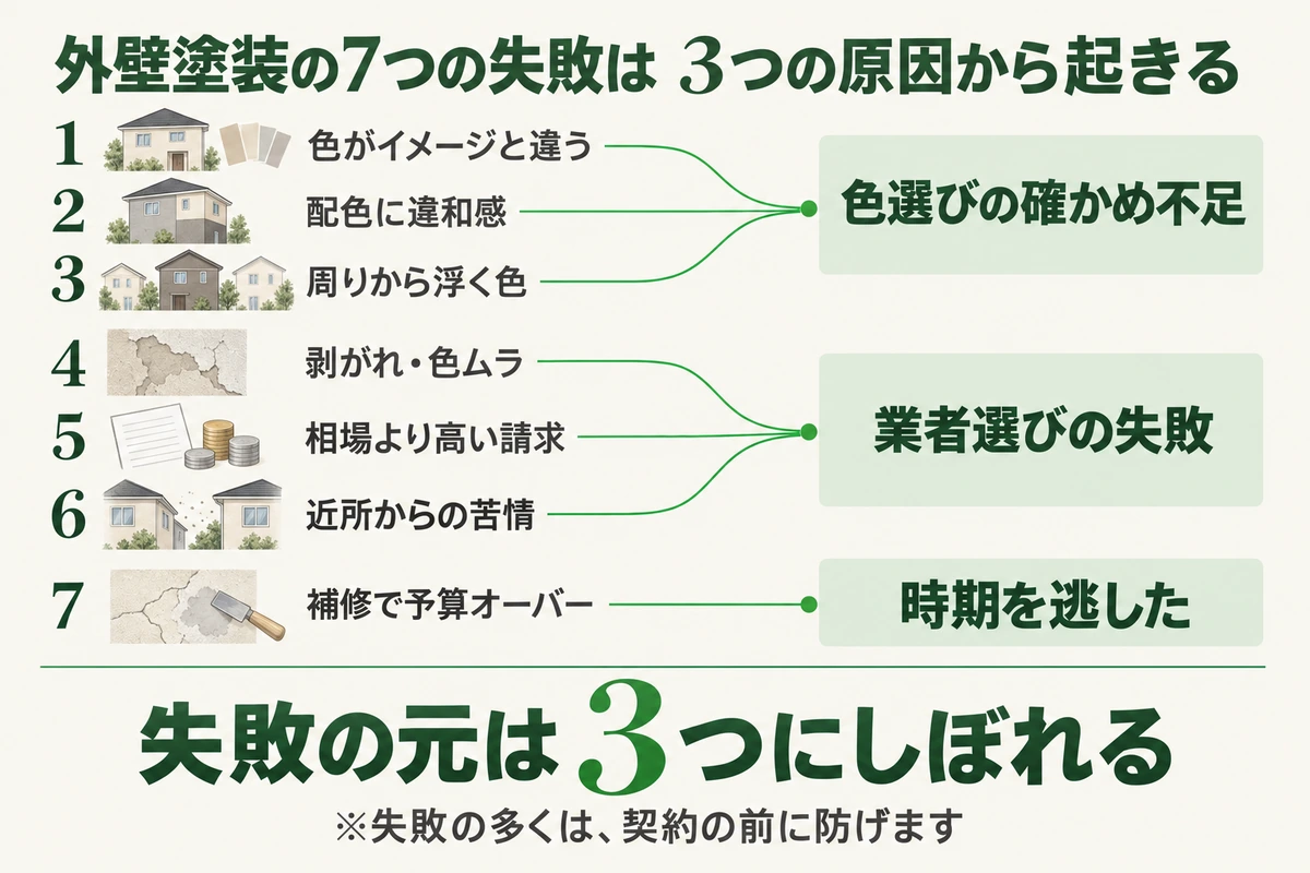 外壁塗装の7つの失敗と3つの原因を線でつないだ図。色がイメージと違う、配色に違和感、周りから浮く色は色選びの確かめ不足から、剥がれ・色ムラ、相場より高い請求、近所からの苦情は業者選びの失敗から、補修で予算オーバーは時期を逃したことから起きる