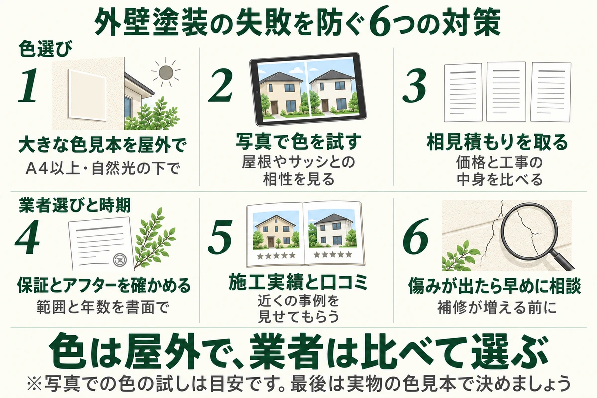 外壁塗装の失敗を防ぐ6つの対策を示した図。A4以上の大きな色見本を自然光の下で見る、写真で色を試して屋根やサッシとの相性を見る、相見積もりで価格と工事の中身を比べる、保証とアフターの範囲と年数を書面で確かめる、施工実績と口コミ・近くの事例を見る、傷みが出たら補修が増える前に早めに相談する