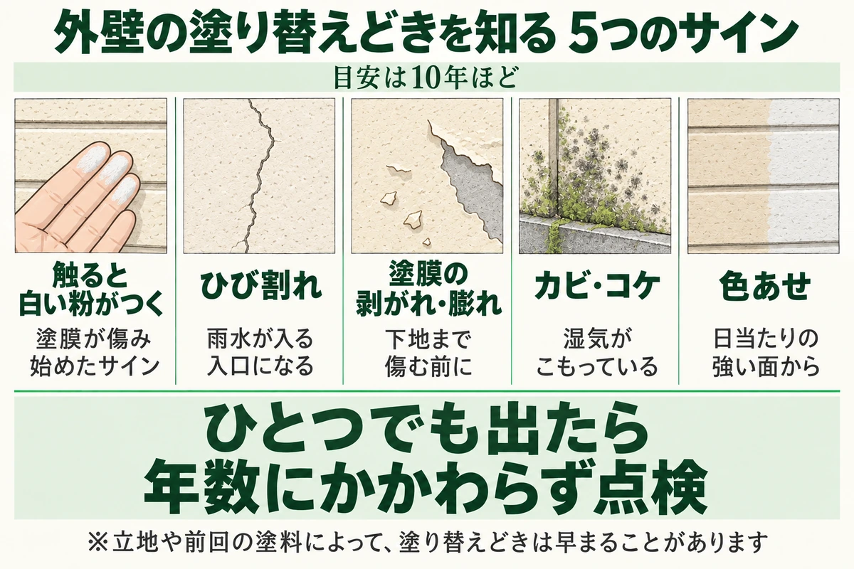 外壁の塗り替えどきを知る5つのサインを示した図。目安は10年ほどで、触ると白い粉がつく、ひび割れ、塗膜の剥がれ・膨れ、カビ・コケ、色あせのどれかが出たら、年数にかかわらず点検する