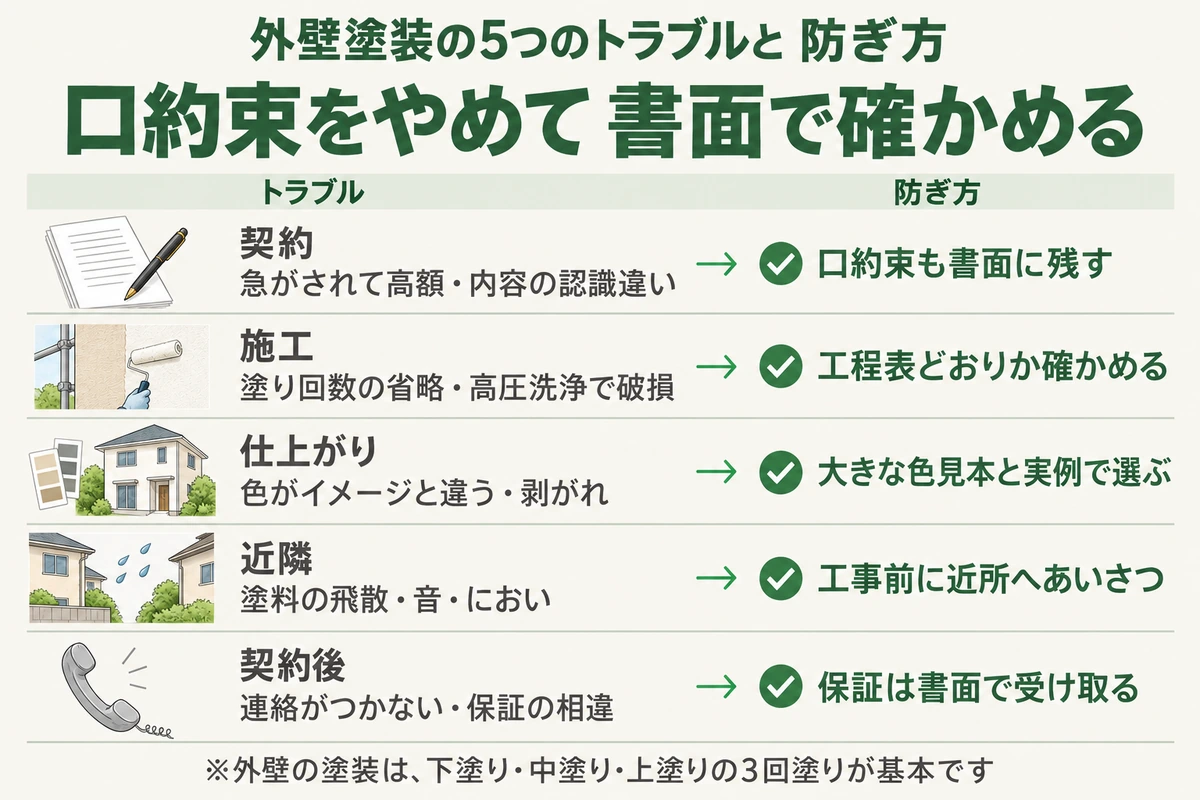 外壁塗装の5つのトラブルと防ぎ方を示した図。急がされて高額・内容の認識違いの契約トラブルは口約束も書面に残し、塗り回数の省略・高圧洗浄で破損の施工トラブルは工程表どおりか確かめ、色違い・剥がれの仕上がりトラブルは大きな色見本と実例で選び、飛散・音・においの近隣トラブルは工事前にあいさつし、連絡がつかない・保証の相違の契約後トラブルは保証を書面で受け取って防ぐ