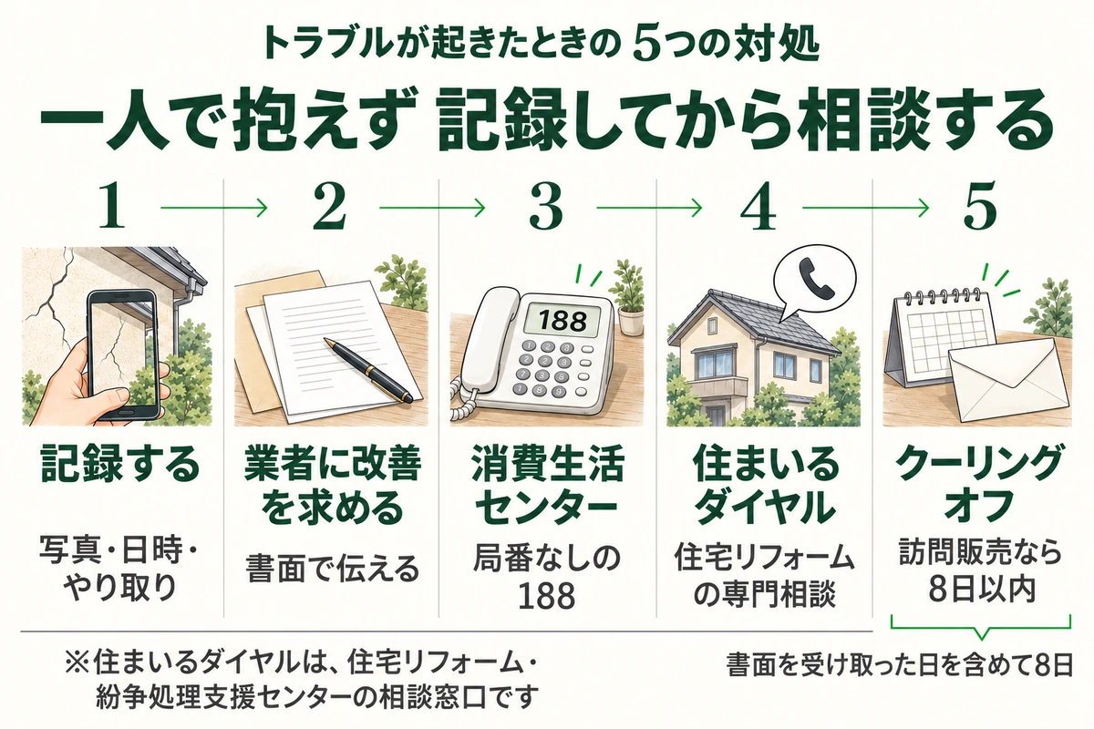 外壁塗装でトラブルが起きたときの5つの対処を示した図。写真・日時・やり取りを記録し、業者に書面で改善を求め、局番なしの188で消費生活センターに相談し、住宅リフォーム・紛争処理支援センターの住まいるダイヤルに相談し、訪問販売なら書面を受け取った日を含めて8日以内にクーリングオフする