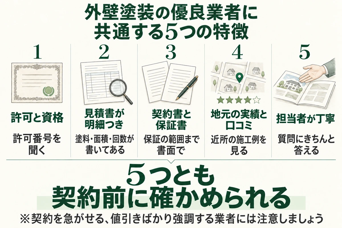 外壁塗装の優良業者に共通する5つの特徴と確かめ方を示した図。許可番号を聞いて許可と資格を確かめ、塗料・面積・回数が書いてある明細つきの見積書、保証の範囲まで書面でもらう契約書と保証書、近所の施工例を見る地元の実績と口コミ、質問にきちんと答える担当者の丁寧さ。5つとも契約前に確かめられる