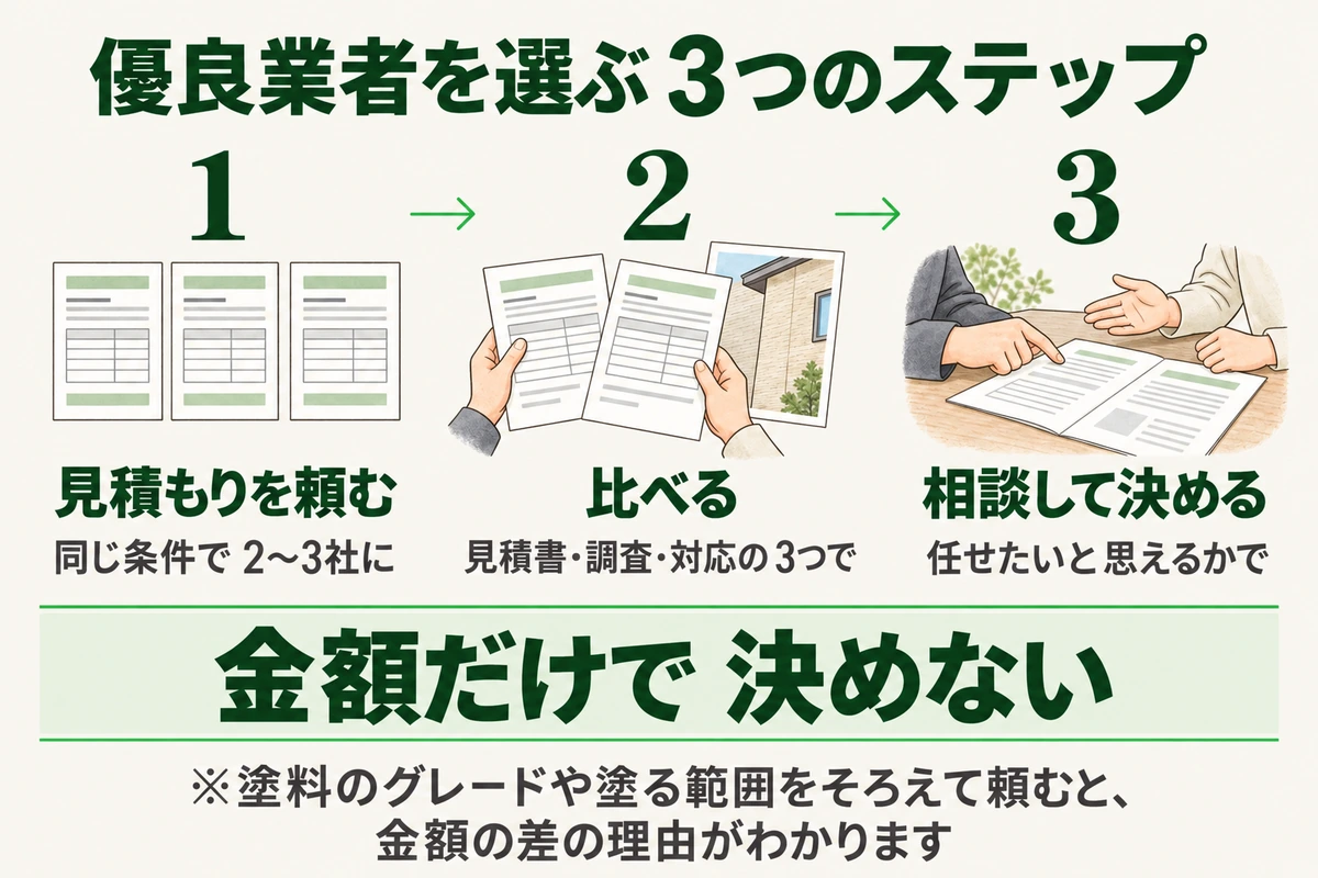 外壁塗装の優良業者を選ぶ3つのステップを示した図。同じ条件で2〜3社に見積もりを頼み、見積書・調査・対応の3つで比べ、任せたいと思えるかで相談して決める。金額だけで決めない