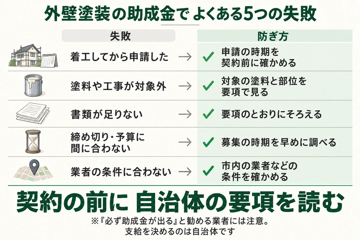 外壁塗装の助成金でよくある5つの失敗と防ぎ方を示した図。着工してから申請しないよう申請の時期を契約前に確かめ、塗料や工事が対象外にならないよう対象の塗料と部位を要項で見て、書類は要項のとおりにそろえ、締め切りや予算に間に合うよう募集の時期を早めに調べ、市内の業者などの業者の条件を確かめる。契約の前に自治体の要項を読む