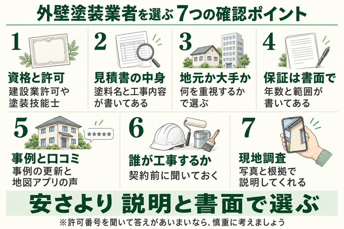 外壁塗装業者を選ぶ7つの確認ポイントを示した図。建設業許可や塗装技能士などの資格と許可、塗料名と工事内容が書いてある見積書、何を重視するかで選ぶ地元か大手か、年数と範囲が書いてある書面の保証、事例の更新と地図アプリの口コミ、契約前に聞いておく誰が工事するか、写真と根拠で説明してくれる現地調査。安さより説明と書面で選ぶ
