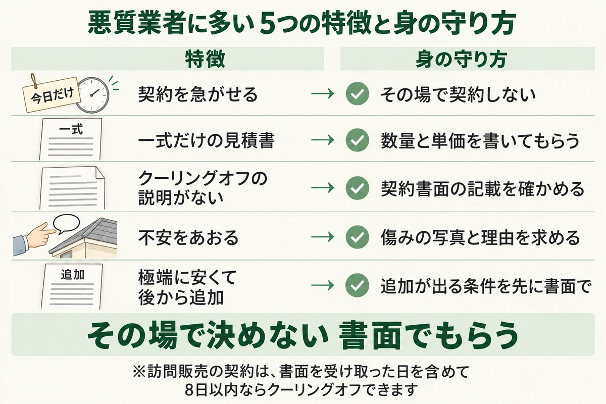 外壁塗装の悪質業者に多い5つの特徴と身の守り方を示した図。契約を急がせるならその場で契約せず、一式だけの見積書は数量と単価を書いてもらい、クーリングオフの説明がなければ契約書面の記載を確かめ、不安をあおるなら傷みの写真と理由を求め、極端に安くて後から追加する業者には追加が出る条件を先に書面でもらう