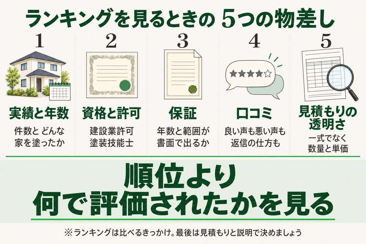 外壁塗装業者のランキングを見るときの5つの物差しを示した図。件数とどんな家を塗ったかの実績と年数、建設業許可や塗装技能士の資格と許可、年数と範囲が書面で出るかの保証、良い声も悪い声も返信の仕方も見る口コミ、一式でなく数量と単価の見積もりの透明さ。順位より何で評価されたかを見る
