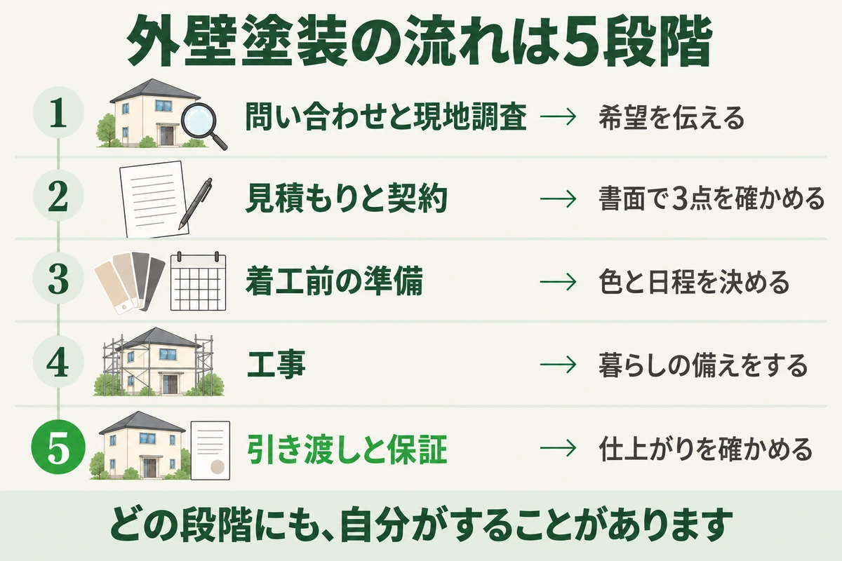 外壁塗装の流れを、問い合わせと現地調査、見積もりと契約、着工前の準備、工事、引き渡しと保証の5段階で示した全体図。各段階で自分がすることも添えている