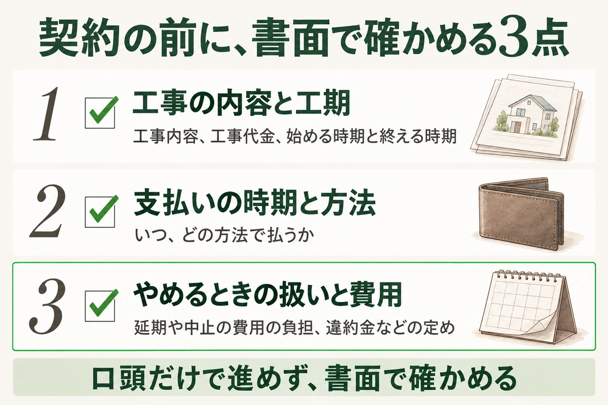 外壁塗装の契約の前に書面で確かめる3点のチェックリスト。工事の内容と工期、支払いの時期と方法、やめるときの扱いと費用