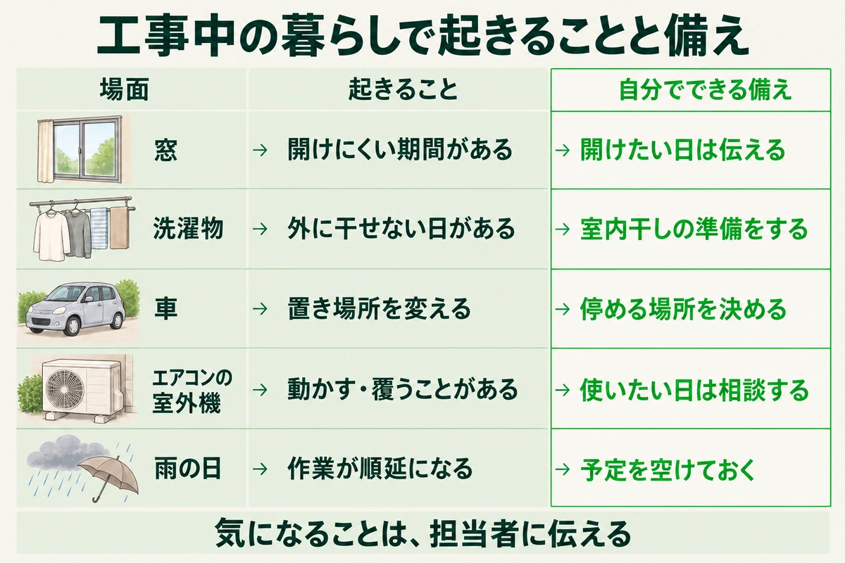外壁塗装の工事中に、窓、洗濯物、車、エアコンの室外機、雨の日で起きることと、それぞれ自分でできる備えを対応させた図