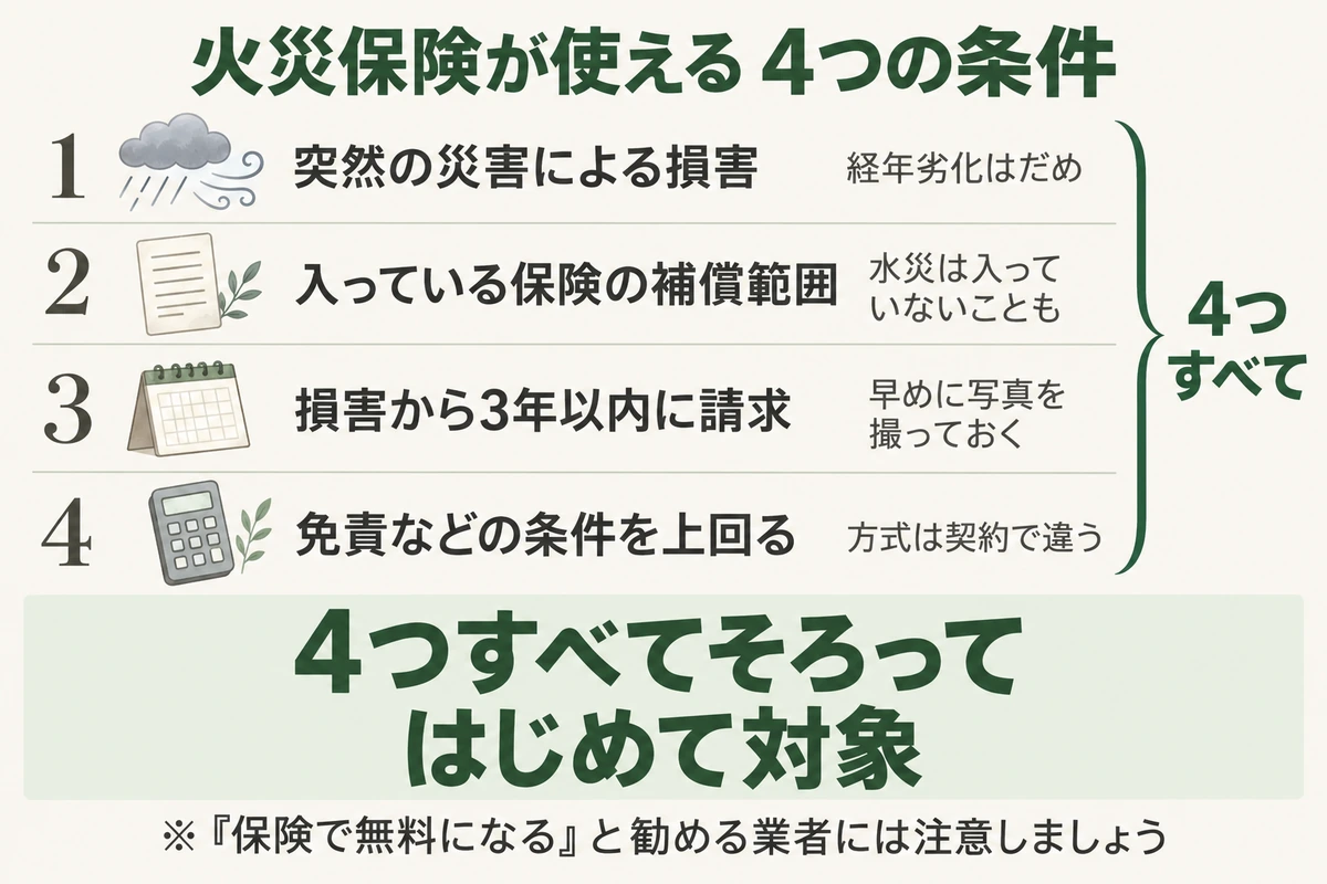外壁の補修に火災保険が使える4つの条件を示した図。経年劣化ではなく突然の災害による損害であること、水災が入っていないこともある入っている保険の補償範囲であること、損害から3年以内に請求すること、方式が契約で違う免責などの条件を上回ること。4つすべてそろってはじめて対象になる