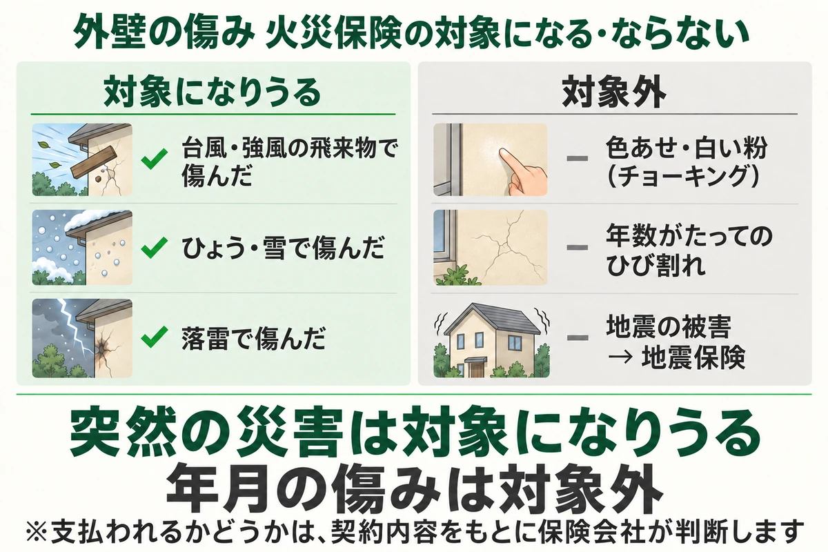 外壁の傷みが火災保険の対象になるかを示した図。台風・強風の飛来物、ひょう・雪、落雷で傷んだ外壁は対象になりうる。色あせ・チョーキングや年数がたってのひび割れなどの経年劣化は対象外で、地震の被害は地震保険。突然の災害は対象になりうる、年月の傷みは対象外