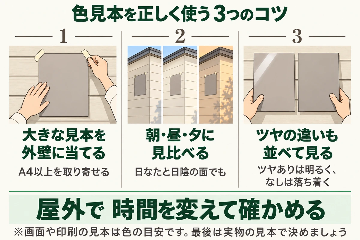 外壁塗装の色見本を正しく使う3つのコツを示した図。A4以上の大きな見本を取り寄せて実際の外壁に当てる、朝・昼・夕に日なたと日陰の面でも見比べる、ツヤありとツヤなしを並べて見る。屋外で時間を変えて確かめる