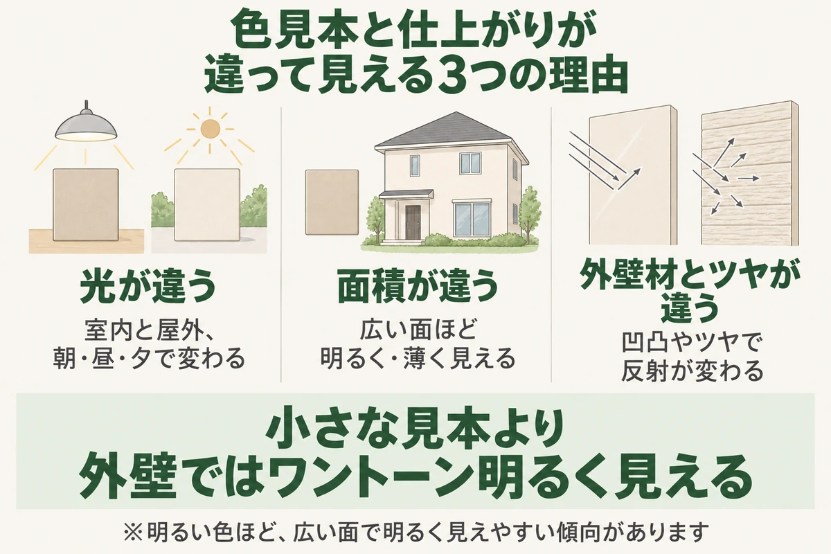 外壁塗装の色見本と仕上がりが違って見える3つの理由を示した図。室内と屋外、朝・昼・夕で光が違う、広い面ほど明るく薄く見える面積の違い、凹凸やツヤで反射が変わる外壁材とツヤの違い。小さな見本より外壁ではワントーン明るく見える