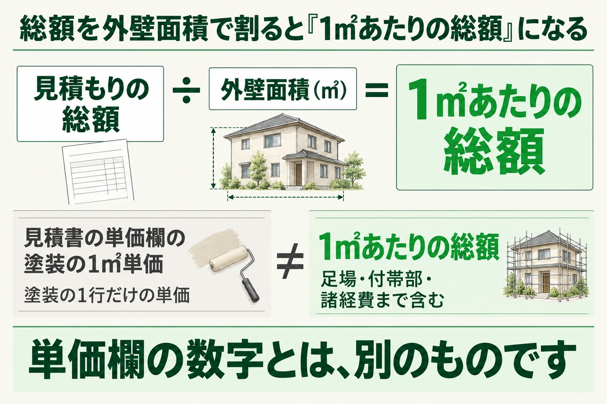 見積もりの総額を外壁面積で割ると1㎡あたりの総額になる計算式と、見積書の単価欄にある塗装の1㎡単価とは別の数字であることを対比した図